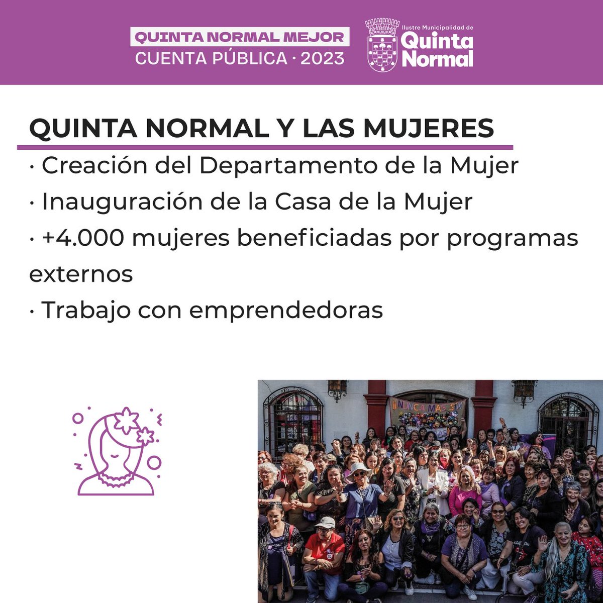 En Quinta Normal las mujeres son una prioridad de la gestión de la alcaldesa @karydelfino. Es por eso que se creó el Departamento de la Mujer y se inauguró la Casa de la Mujer. #CuentaPúblicaQuintaNormal