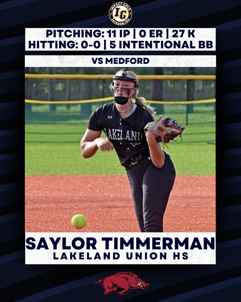 Arkansas commit @saylortimmerman racked up an unreal 27 strikeouts in an extra-inning battle tonight!! Saylor couldn’t show off her skills with the bat as she was intentionally walked in all five PA!! Way to go Saylor!!

#betheimpact #trusttheprocess #goldblooded #igjackson18u