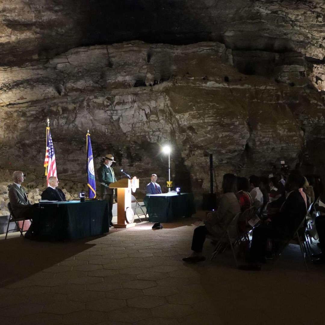 Mammoth Cave National Park congratulates 29 individuals from 12 countries who became new US Citizens in today’s underground naturalization ceremony. The park was honored to host the event inside a cave room that was temporarily transformed into a federal courtroom.