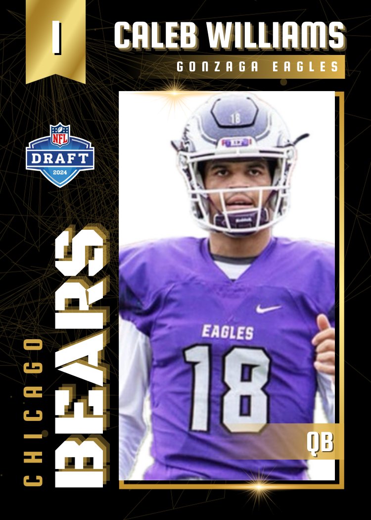 No. 1 Chicago Bears - Caleb Williams, QB - Gonzaga, Washington, DC. DC native Caleb Williams picked first overall in 2024 draft The former Gonzaga College High School quarterback will be playing pro ball in the Windy City. #NFLDraft