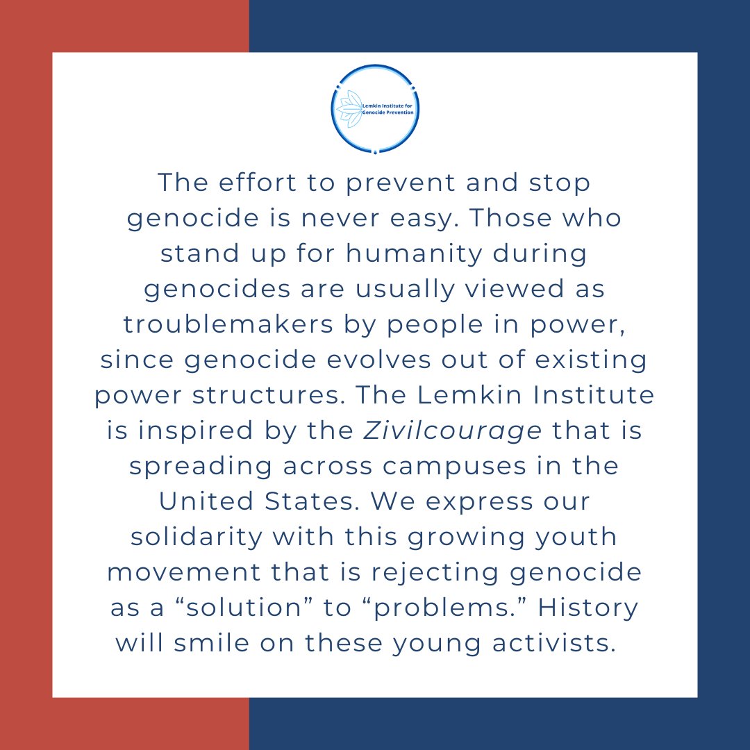 The @LemkinInstitute would like to recognize all of the university student protesters across the United States as our Upstanders of the Week as they stand in solidarity with the citizens of Gaza. Despite risks of arrest and to their academic careers these students continue to