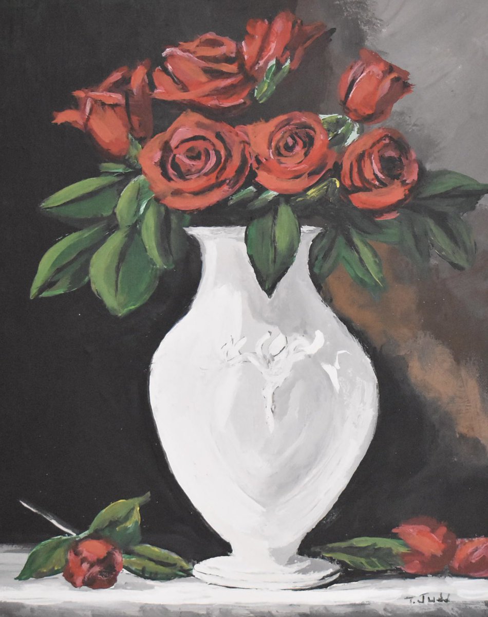 “Scarlet Sentiment” by Trese Judd | #art #artwork #workofart #painting #paintings #artoftheday #fineart #originalartwork #acrylicpainting #contemporaryartists #wallart #wallartdecor #stilllifeart #stilllife #floralart #redroses #romantic #artofx #rosebouquet #impressionisticart