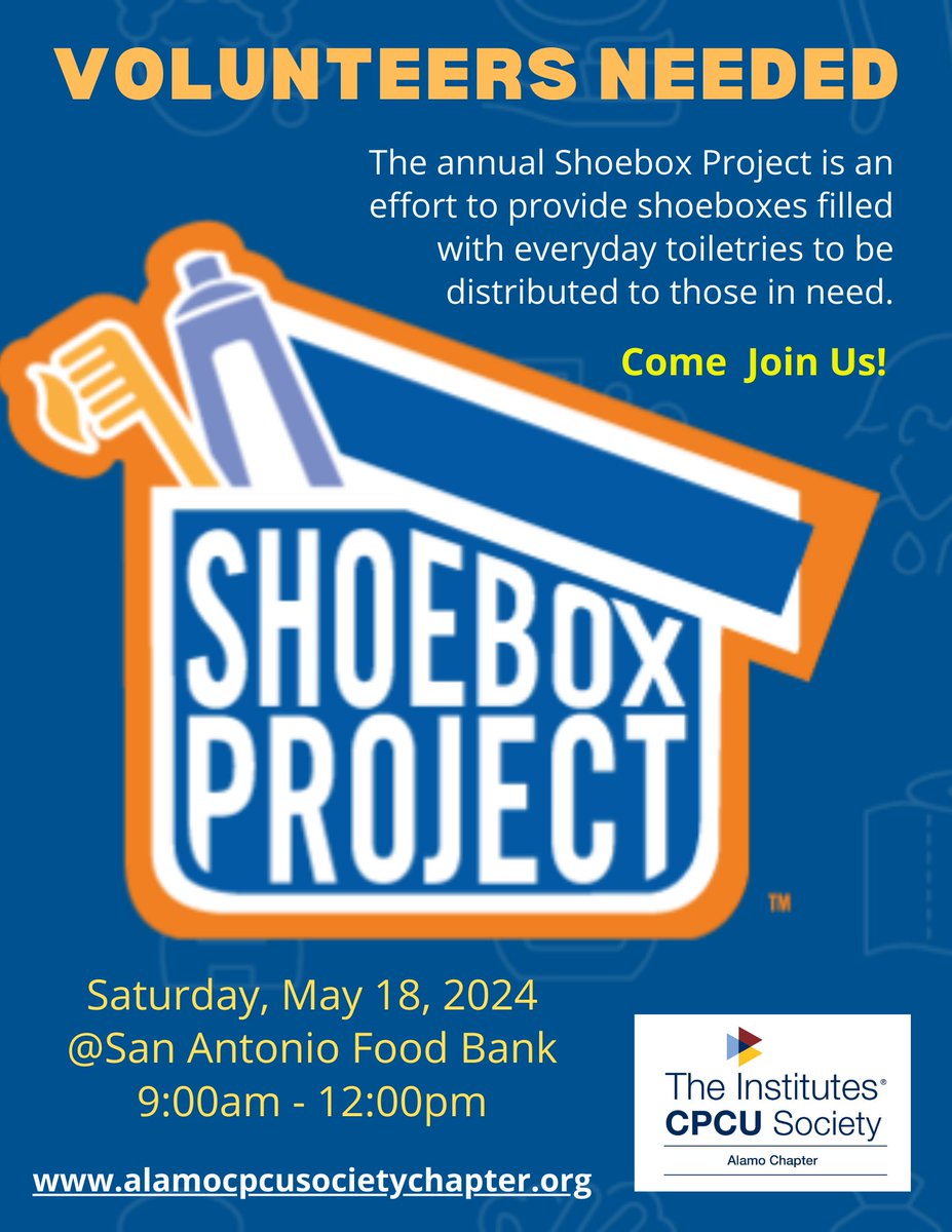 AlamoCPCUs's tweet photo. Come join us to give back to the Community! The Alamo Chapter will be participating in the Shoebox Project to help prepare boxes of hygiene items for those in need. We will be volunteering as a group on May 18th for the 9 am shift.  https://t.co/TbAaRmYRj6 https://t.co/pDIH2GiD4R