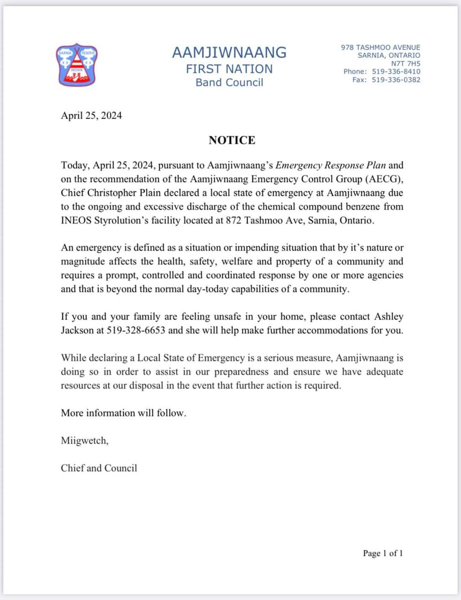 ASAP (@takeactionasap) on Twitter photo Aamjiwnaang FN declared a local state of emergency due to Benzene spill from <a href="/Styrolution/">INEOS Styrolution</a>. This Indigenous Community has been sheltered in place while facing exposure to this carcinogenic chemical. #ChemicalValley #AamjiwnaangFN #TakeActionNow #ASAP Aamjiwnaang FN declared a local state of emergency due to Benzene spill from <a href="/Styrolution/">INEOS Styrolution</a>. This Indigenous Community has been sheltered in place while facing exposure to this carcinogenic chemical. #ChemicalValley #AamjiwnaangFN #TakeActionNow #ASAP