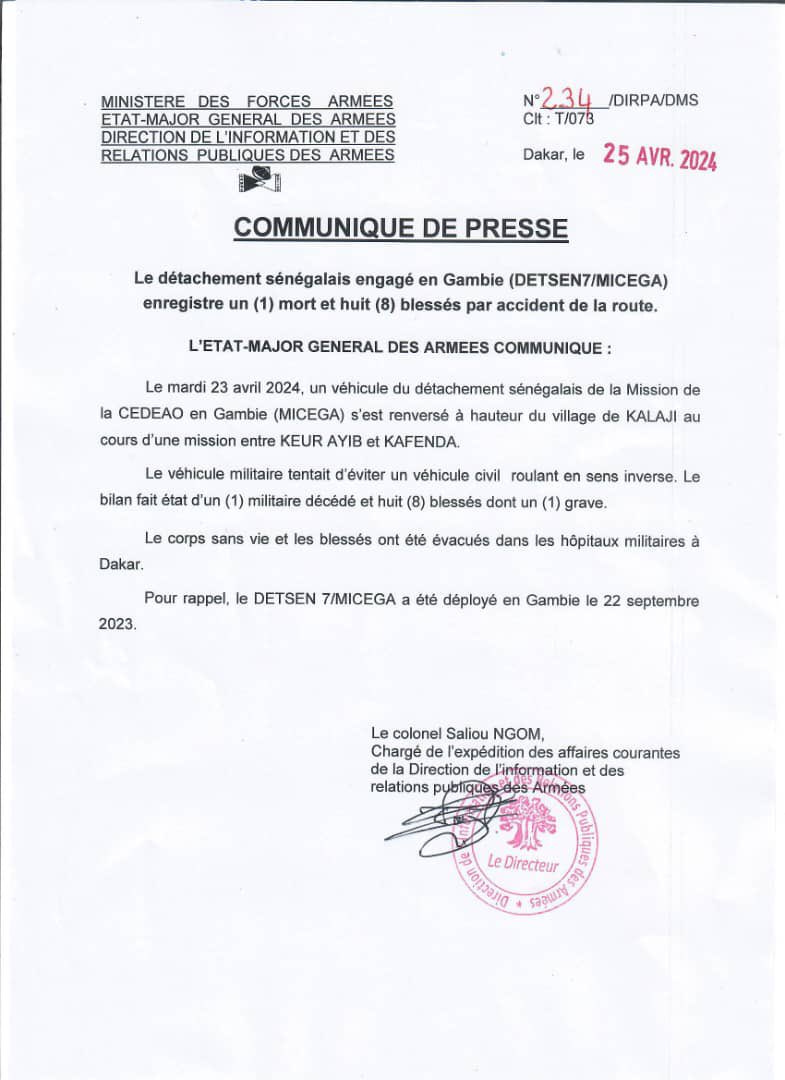 URGENT - Un communiqué officiel de l’Etat-major Général des Armées vient de confirmer un accident impliquant un véhicule du détachement sénégalais de la Mission de la CEDEAO en Gambie (MICEGA). L’accident a fait 1 mort et 8 blessés.