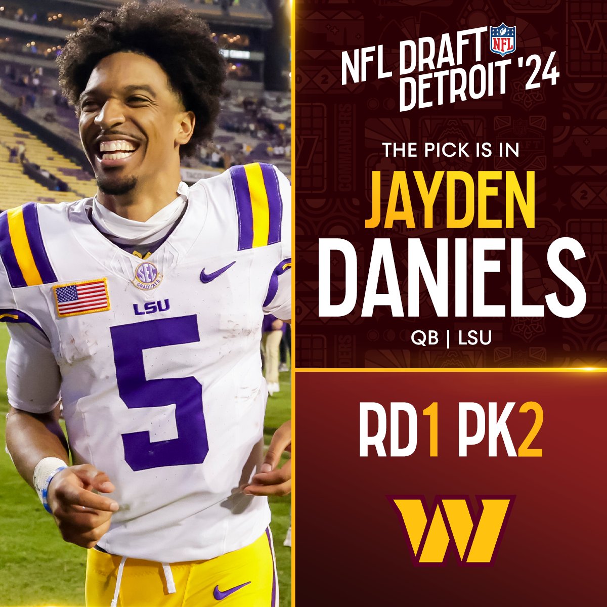 With the No. 2 overall pick in the 2024 @NFLDraft, the @Commanders select Jayden Daniels! @NewEraCap 📺: #NFLDraft on NFLN/ESPN/ABC 📱: Stream on #NFLPlus