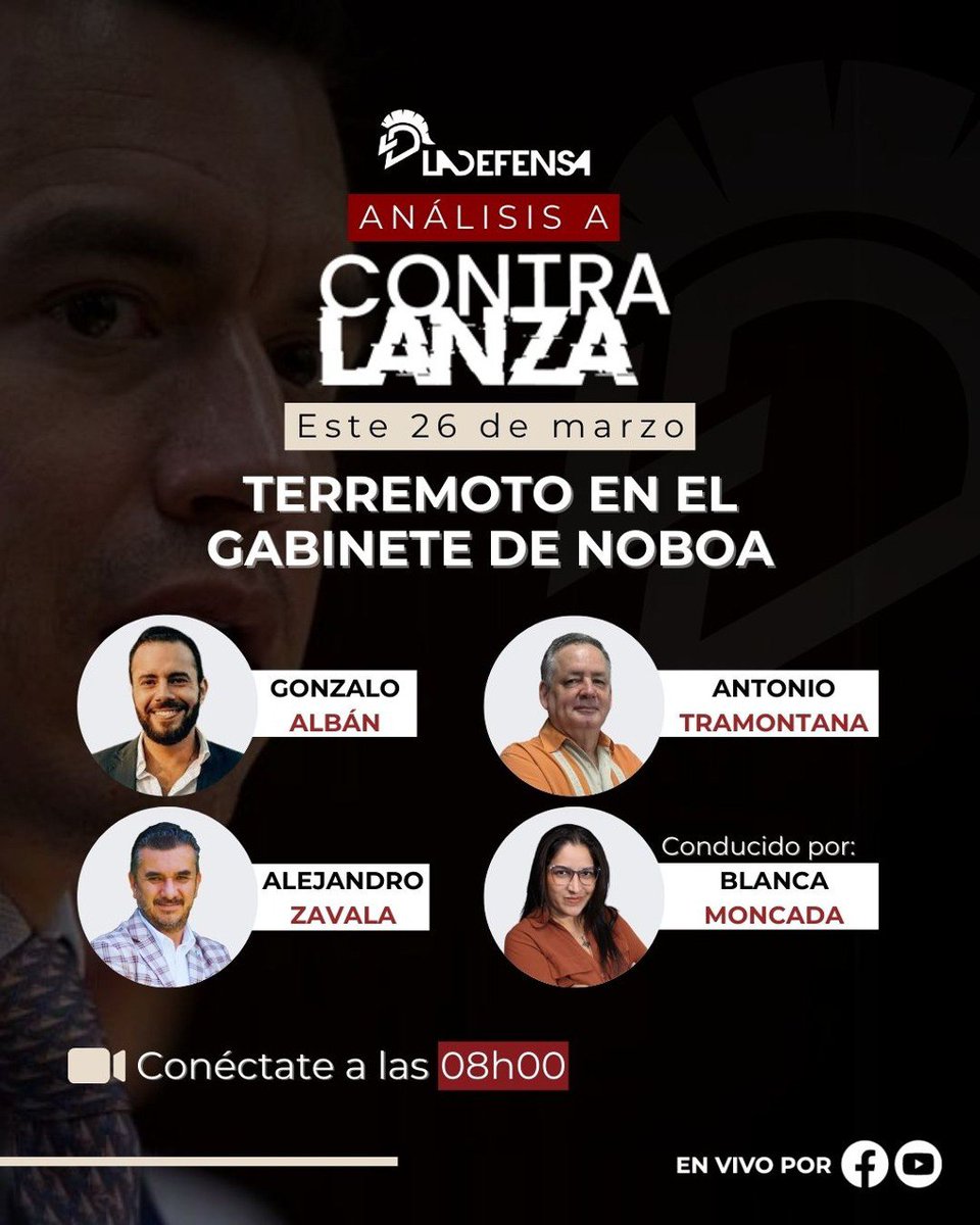 LaDefensaEc's tweet photo. Como todos los viernes, te esperamos con el #análisis más completo de lo que marcó la coyuntura de la #semana, todos los temas que estuvieron en la opinión pública son llevados a la mesa de #Contralanza.
Conéctate desde las 8:00am. https://t.co/fY1VxQZ0Bn