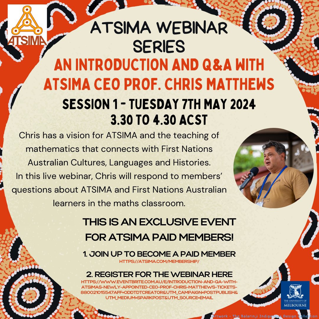 Coming soon! This is an exclusive event for all ATSIMA paid members.
1. Join up to become a paid member:
atsima.com/membership/
2. Register for the webinar here:
eventbrite.com.au/e/introduction…
#education #maths #culture #aboriginaleducation #mathematics #stem #mathematicseducation