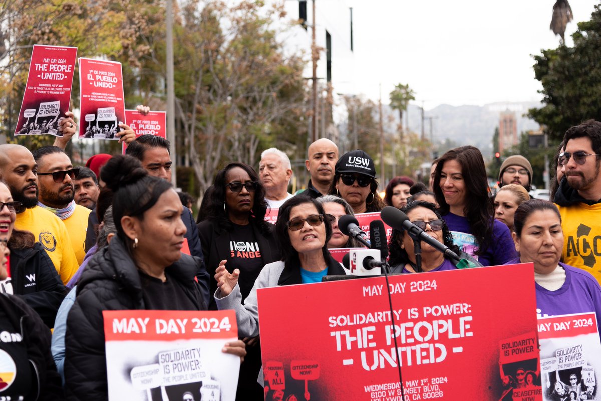 Immigrants & workers are ESSENTIAL! We're marching for a path to citizenship, housing & fair wages for all, the right to strike, a ceasefire, & an end to ALL wars! 📍Join us on 5/1 at 2 PM on the corner of Sunset & N. Gower!