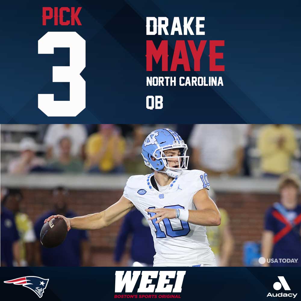 WEEI's tweet photo. BREAKING: The Patriots select QB Drake Maye with the third overall pick.
LIVE REACTION:
📻: 93.7 FM
📱: @Audacy app
💻: https://t.co/26tIL4lcxR https://t.co/NZrlf49sGN
