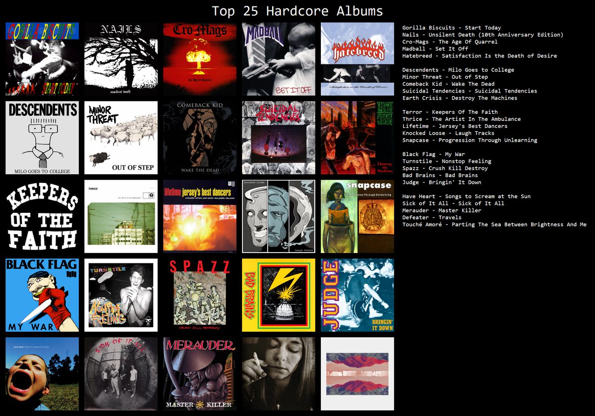 Got bored, made a topster of my favourite hardcore and hardcore-adjacent albums. Probably cheating a bit by putting  Descendents, Thrice and Lifetime on there but ehh.