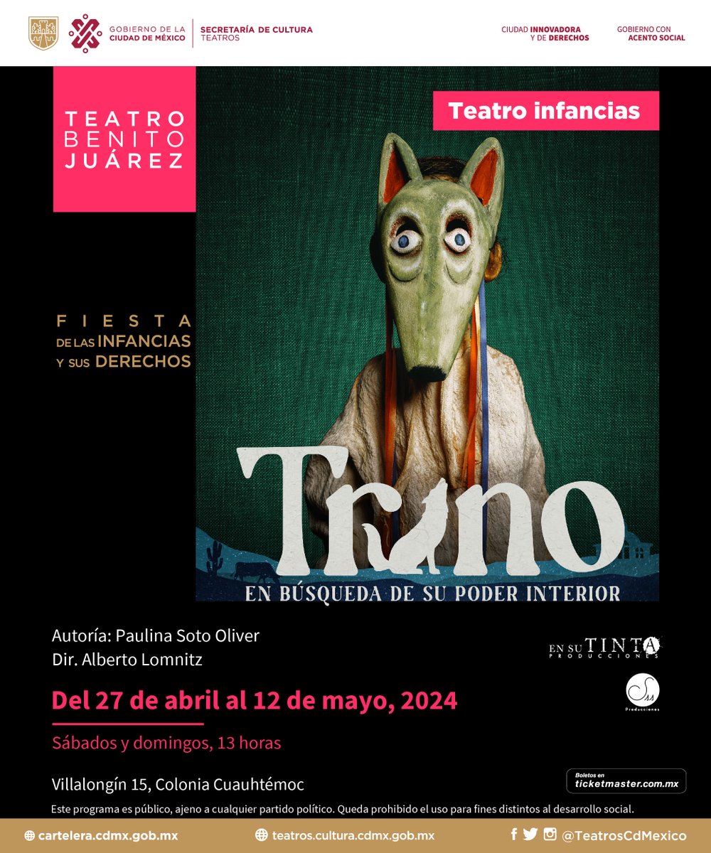 🐺 No te pierdas a partir de este fin de semana una conmovedora historia que combina el antiguo arte de los títeres con las nuevas tecnologías digitales. #TrinoEnBúsquedaDeSuPoderInterior sábado y domingo a las 13 horas en el #TeatroBenitoJuárez. 🎟️ bit.ly/3UwqxrK