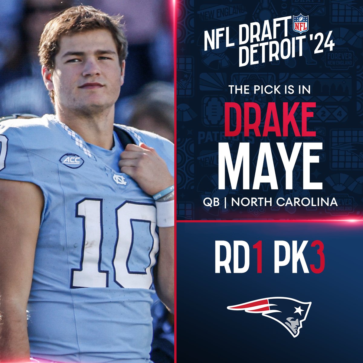With the No. 3 overall pick in the 2024 @NFLDraft, the @Patriots select Drake Maye! @NewEraCap 📺: #NFLDraft on NFLN/ESPN/ABC 📱: Stream on #NFLPlus