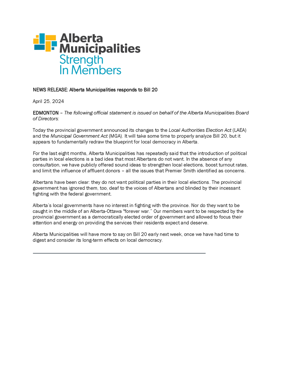 ABmunis on Bill 20: The introduction of political parties in local elections is a bad idea that most Albertans do not want. We'll say more on Bill 20 next week, once we have had time to consider its effects on local democracy. Media release: bit.ly/44nPqJ6