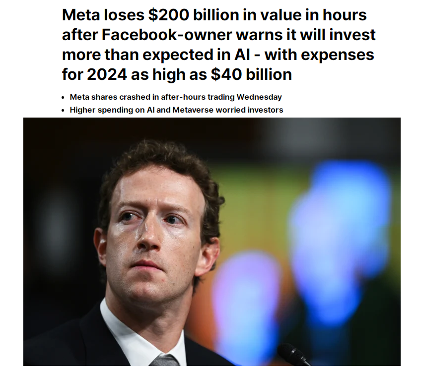 From Daily Mail Online: Meta shares crashed as much as 19 percent on Wednesday after Mark Zuckerberg admitted the company was set to lose tens of billions of dollars on his pet projects. More than $200 billion was wiped off the company after he said the push into AI and the…