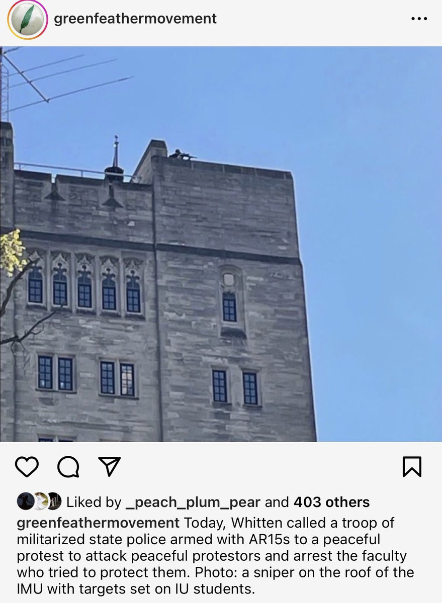 Militarized police with assault rifles today on the roof of an Indiana University building overlooking a protest. This is an unacceptable and uniquely American response to protests on campus.