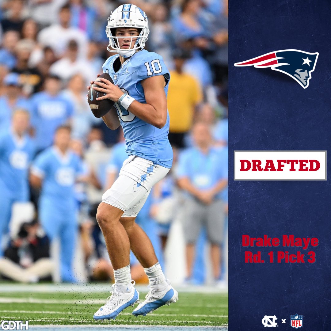 With the 3rd pick in the 2024 NFL Draft, the New England Patriots select Drake Maye.