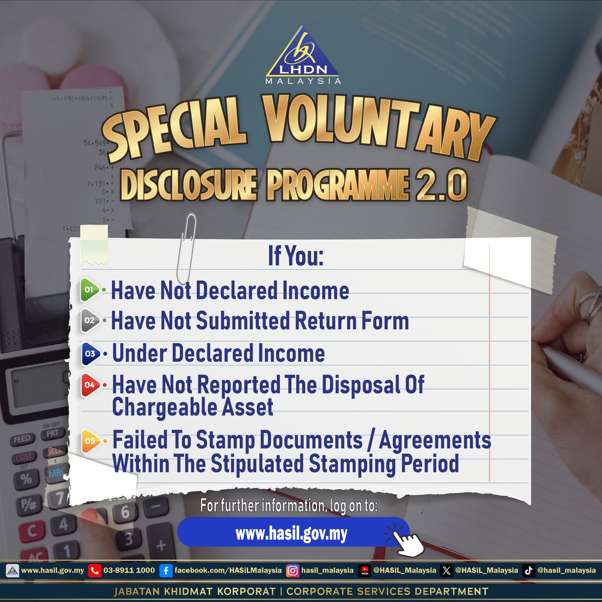 HASiLMalaysia's tweet photo. Special Voluntary Disclosure Programme 2.0
More Infomation: https://t.co/VaBA6wOyVr
#lhdnm #lhdn #HASiL #eduzoneHASiL #pkps https://t.co/tGLtrRwsJL