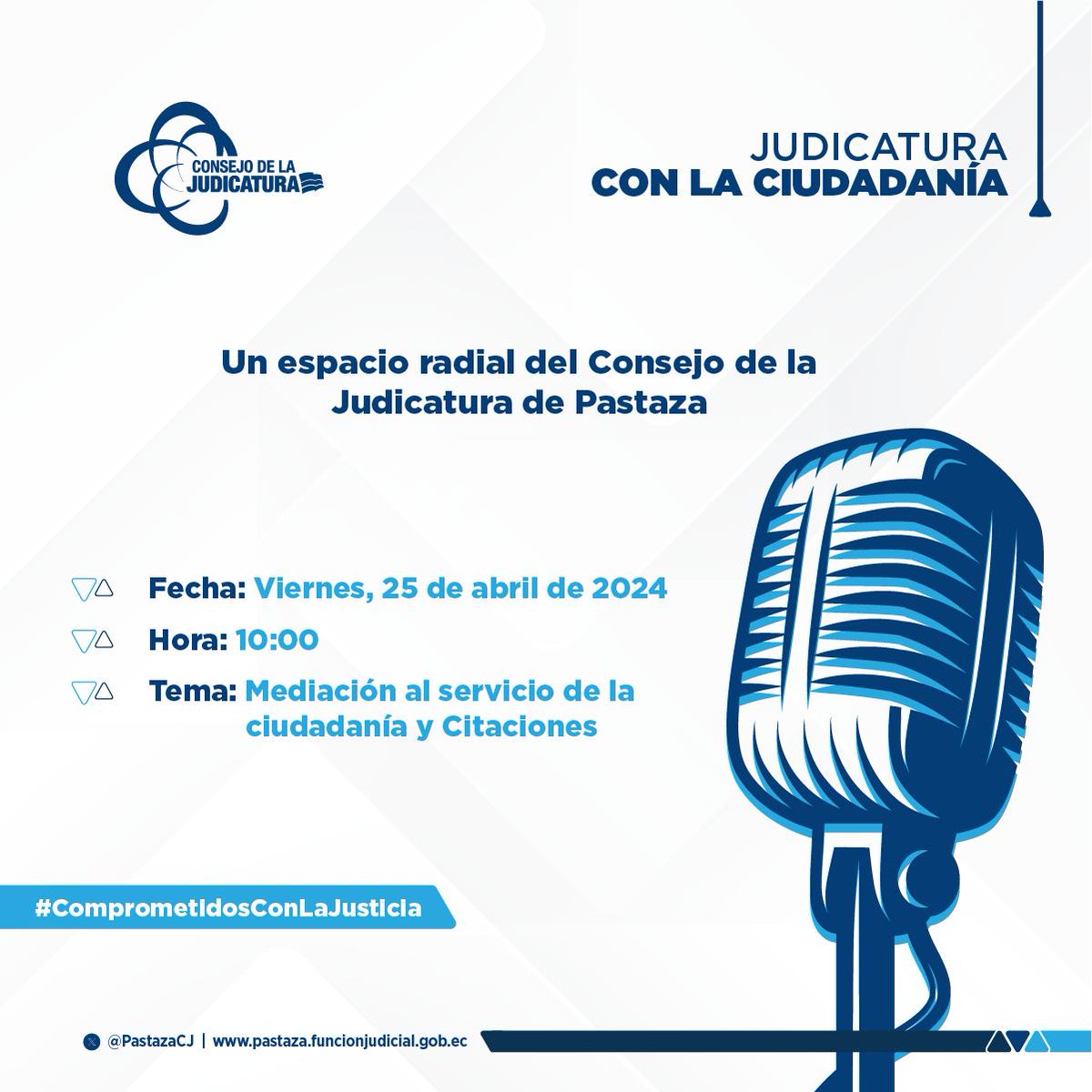 #INVITACIÓN | El @PastazsCJ te invita mañana a escuchar el programa la 'Judicatura con la ciudadanía', a través de #LaMuni, 98.9 fm 📻 y sus redes sociales en 👉 facebook.com/LaMuni899FM?mi…