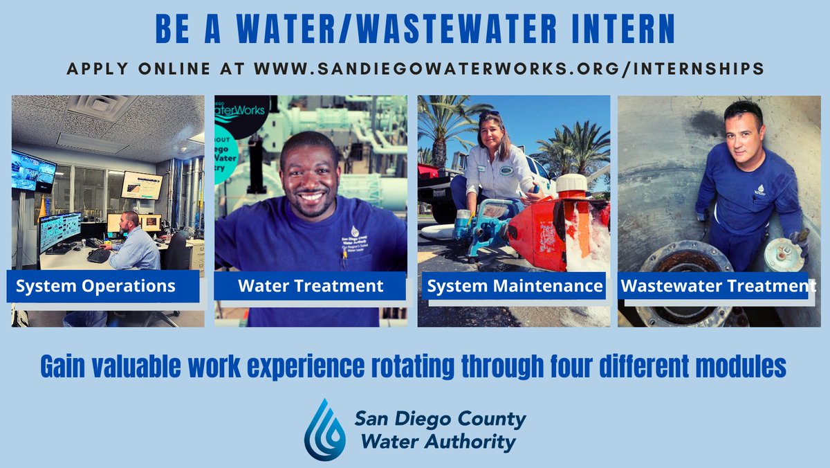 Are you or someone you know interested in learning more about the water industry while gaining valuable work experience? Join our water/wastewater internship program! Interns get hands on experience while learning about different career paths. Apply at sandiegowaterworks.org.