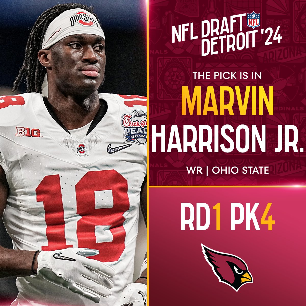 With the No. 4 overall pick in the 2024 @NFLDraft, the @AZCardinals select Marvin Harrison Jr.! @NewEraCap 📺: #NFLDraft on NFLN/ESPN/ABC 📱: Stream on #NFLPlus