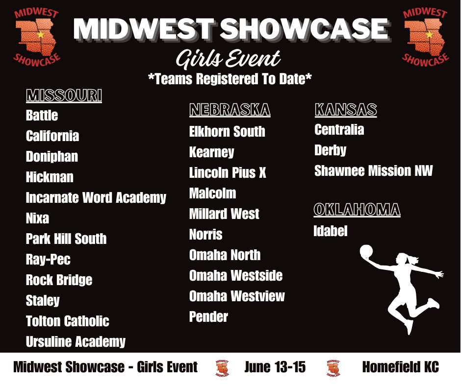Here is our current list of teams *to date* for the 2024 Girls Midwest Showcase Event! 🏀 Great basketball to come! 📅 June 13-15 📍 Homefield KC @MSHSAAOrg @nsaahome @NebraskaCoach @KSHSAA @KBCA_Tweets @OSSAAOnline @OBCA_