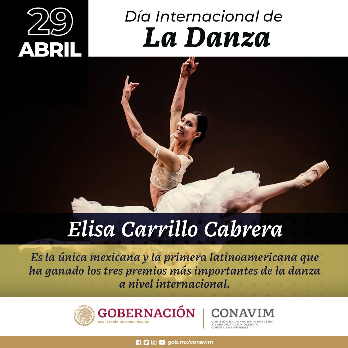 #UnDíaComoHoy de 1982, la #UNESCO proclama el #DiaInternacionaldelaDanza Reconocemos a @ElisaCarrilloC, la primera mexicana que logró ser primera ballerina de Staatsballett, Berlín, y la única que ha ganado los tres premios más importantes de la danza a nivel internacional.