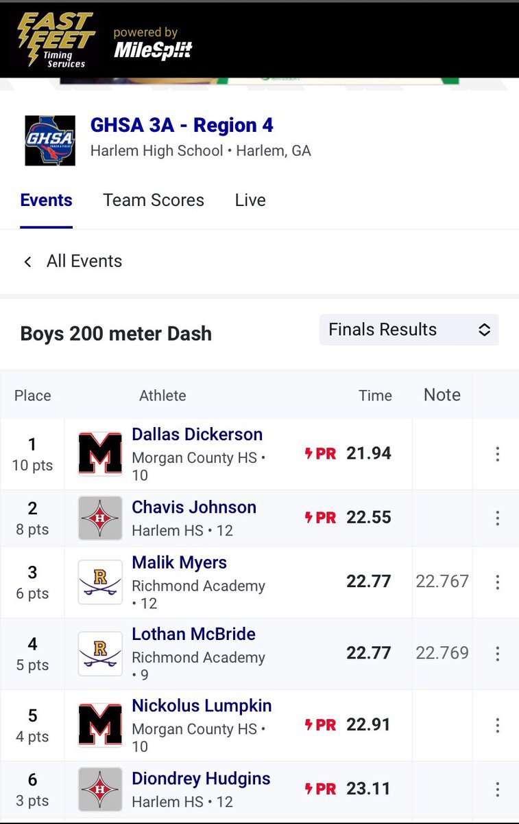 2024 Trackdawg Chavis Johnson with new PRs in 100, 200, 4x1!  Up next - Sectionals. 
ga.milesplit.com/athletes/14265…