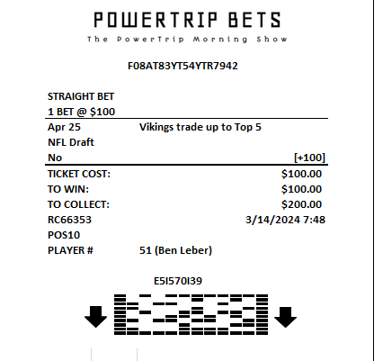 Bet Result Alert: @nacholeber wins $100 from @MeatSauce1 as your Minnesota Vikings fail to trade up into the Top 5 to get their quarterback of the future and instead will roll with sloppy seconds and say it's the guy they wanted all along.