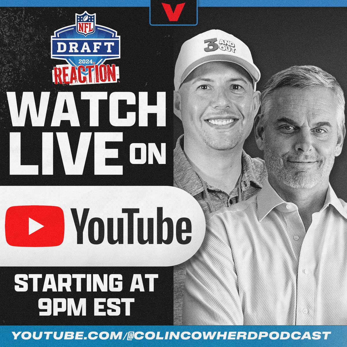 We are LIVE with @ColinCowherd and @JohnMiddlekauff reacting to the first round of #NFLDraft Come hang: youtube.com/watch?v=eLIG66…