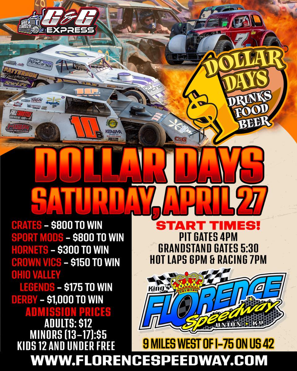 Join us this Saturday, April 27th, for the first Dollar Days of the 2024 season at Florence Speedway! Enjoy incredible discounts with $1 Drinks, $1 Food Items, and $1 Beer. Additionally, Adult General Admission is just $12, and kids under 12 get in FREE!