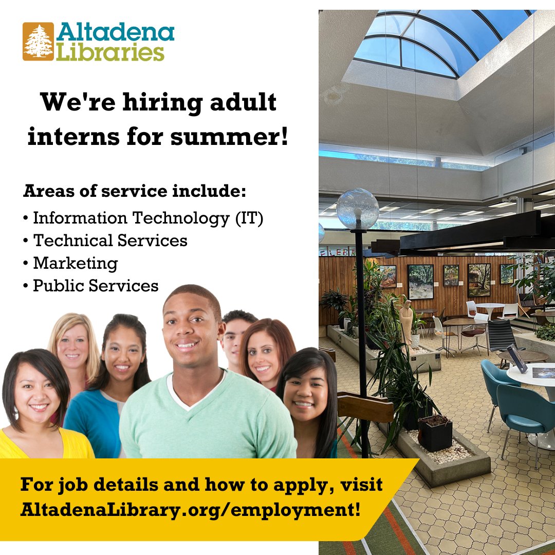AltadenaLibrary's tweet photo. Looking to join a great team? #AltadenaLibrary is hiring interns for summer for various areas of service, such as Information Technology, Marketing, and Public Services. Find out more and how to apply at https://t.co/N1x9HexUTG. Applications due May 3!

#internship #libraryintern https://t.co/C1pCJDEh2L