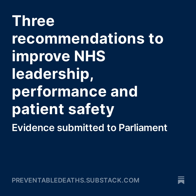 How can the NHS improve #PatientSafety? My take for the @CommonsHealth inquiry: 🔎 #transparency 📝 #reproducible research ⚖ #equitable system to learn from #preventable deaths preventabledeaths.substack.com/p/three-recomm… #NHS #coroners #inquests #Leadership #tracking #tracker #deaths #research
