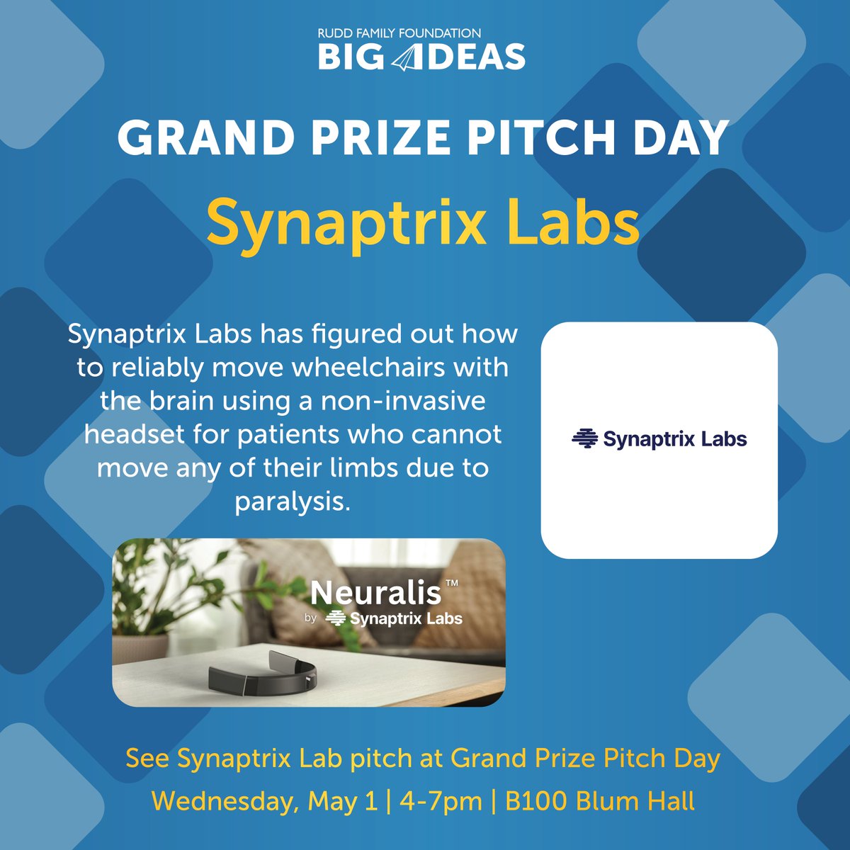 Synaptrix Labs is one of the top five teams competing for the $20K grand prize! Synaptrix Lab is developing Neuralis, a discreet EEG-integrated headset for neuromuscular conditions.

Watch Synaptrix Labs pitch at GRAND PRIZE PITCH DAY! RSVP at ticketbud.com/events/f5eba3b…