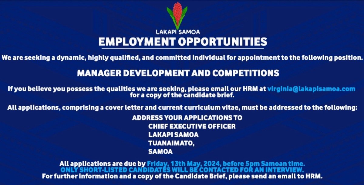 Lakapi Samoa, Manager - Development & Competitions. Further info at the picture.