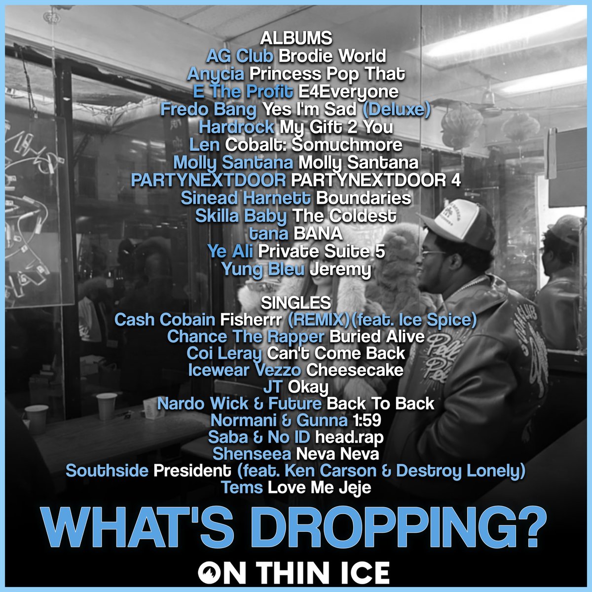 🚨 WHO'S GETTING YOUR FIRST LISTEN TONIGHT? 🚨

📀 ALBUMS 📀
AG Club - Brodie World
Anycia - Princess Pop That
E The Profit - E4Everyone
Fredo Bang - Yes I'm Sad (Deluxe)
Hardrock - My Gift 2 You
Len - Cobalt: Somuchmore
Molly Santana - Molly Santana
PARTYNEXTDOOR - PARTYNEXTDOOR