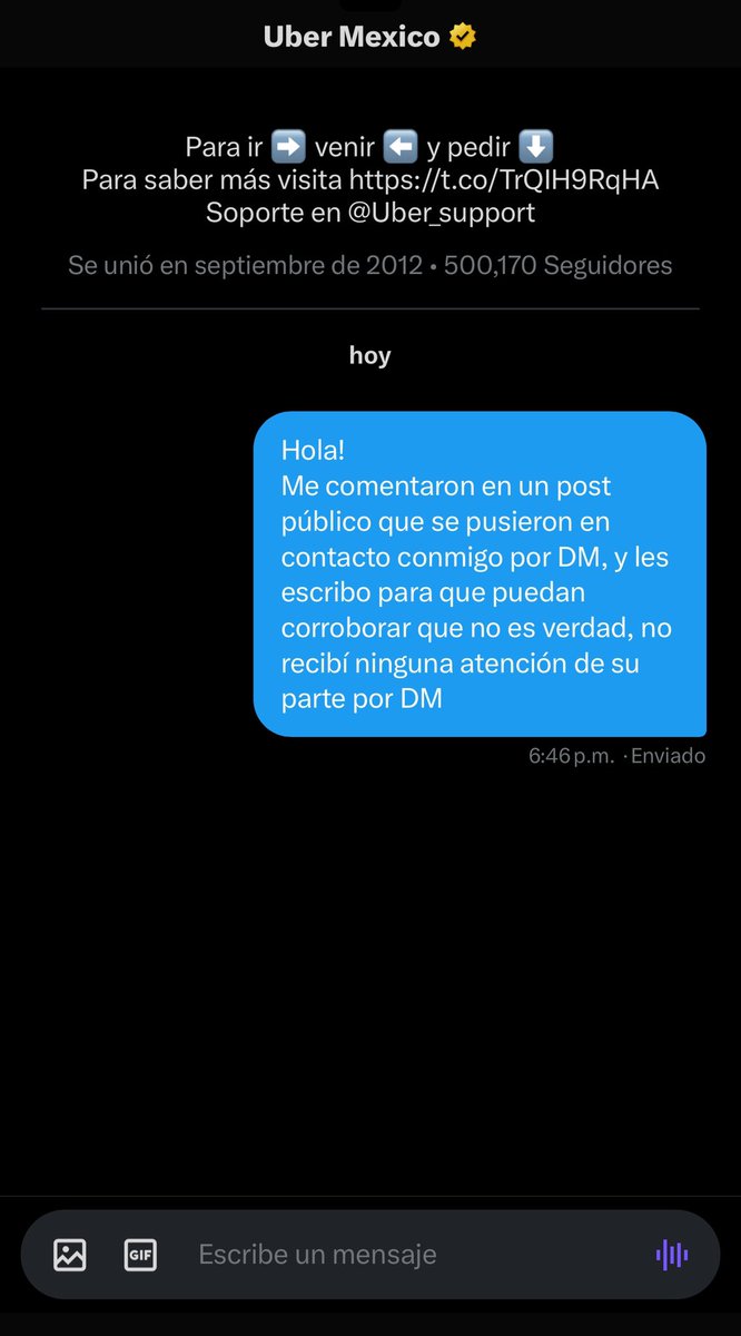 Elidet_'s tweet photo. @Uber_Support Acá va la imagen de evidencia de que nadie de @Uber_MEX me ha contactado por DM https://t.co/xhY9elki7t