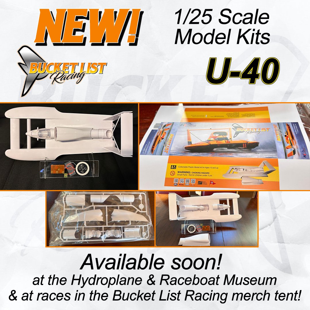 New #BucketListRacing merchandise! 1/25 scale model kits of the U-40 will be available the last week of May at the Hydroplane & Raceboat Museum and in the Bucket List Racing merchandise tent at races this season!