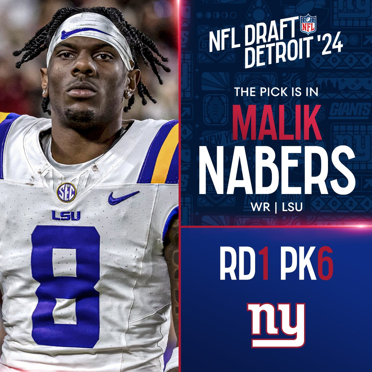 With the No. 6 overall pick in the 2024 @NFLDraft, the @Giants select Malik Nabers! @NewEraCap 📺: #NFLDraft on NFLN/ESPN/ABC 📱: Stream on #NFLPlus