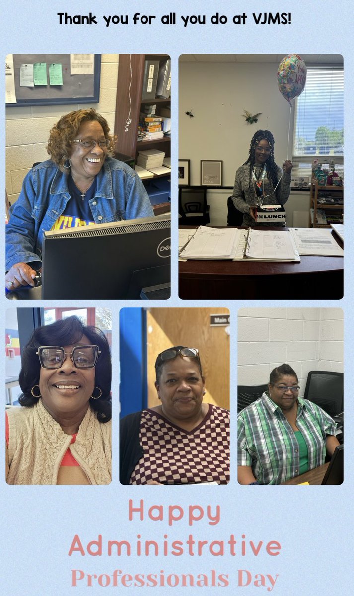 We’re thankful for all of our Admin Professionals at @VJMS_Wildcats! They play a vital role in the success of our school building. We appreciate you Ms. Crawley, Ms. Vaughan, Ms. Turner, Dr. Sainsbury, and Ms. Rahmaan‼️ #AdministrativeProfessionalsDay