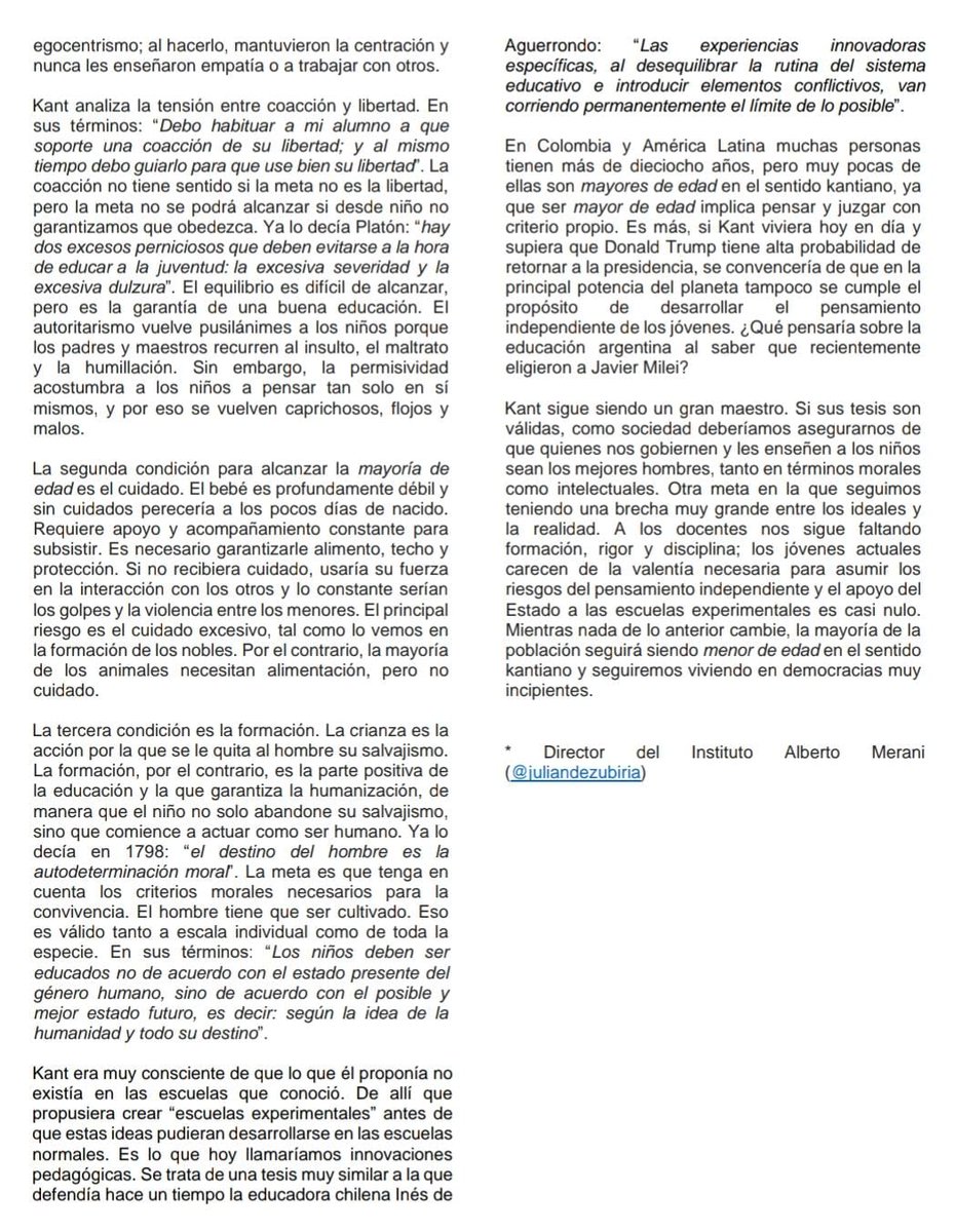 La tesis central de #ImmanuelKant es que el papel de la educación es ayudar a los jóvenes a alcanzar la mayoría de edad, que sería la capacidad para pensar libremente y juzgar moralmente. ¿Sigue vigente esta tesis? Comparto reciente columna sobre este tema acortar.link/vigenciaideasd…