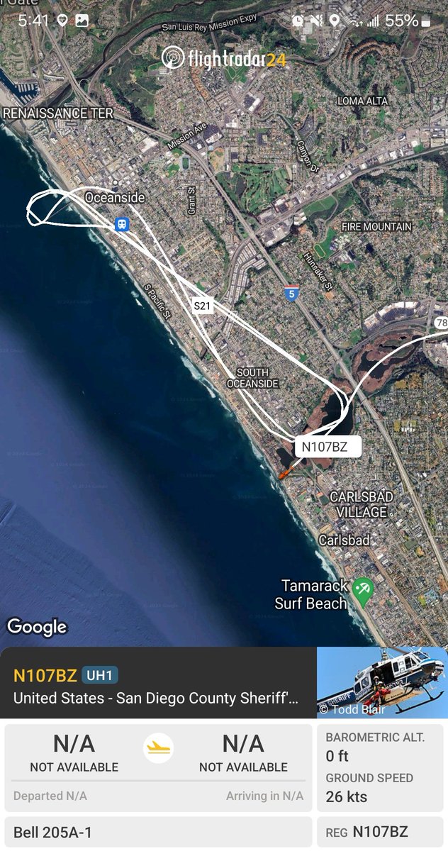 Some of the air assets operating at the pier fire in Oceanside CA (link in comments):

BE20 N43U # A52287 INTEL24 FIRIS real-time intel platform 
S64 N217AC #A1D386 Erickson Aviation Svcs
UH1 N107BZ #A01EE6 San Diego Co Sheriff
@masonrothman @CeciliaSykala