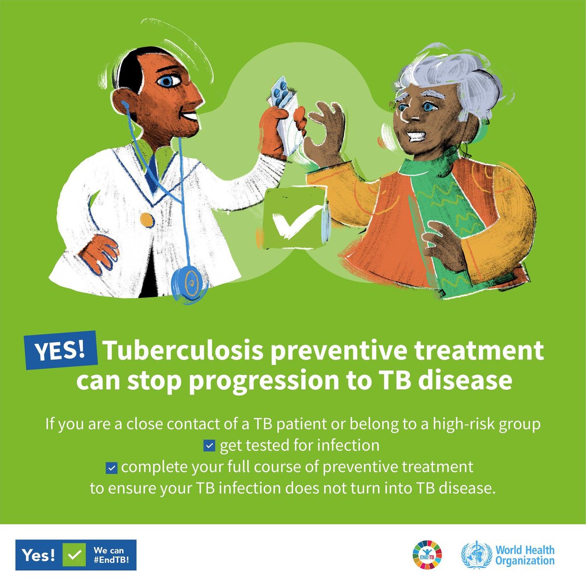 Yes! Mayroong #TB preventive treatment (TPT) para hindi tuluyang magkaroon ng TB disease!  

Kumunsulta sa pinakamalapit na health center kung ikaw ay:  

✅close contact ng taong may TB  
✅kabilang sa high-risk group (may karamdaman, PLHIV, nagda-dialysis, atbp.)  

#EndTB