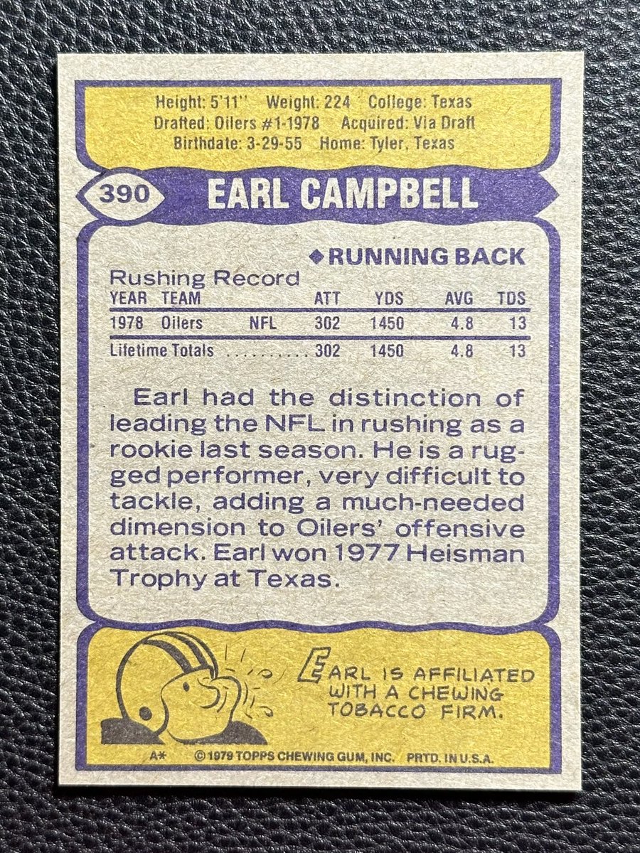 1979 #Topps #390 EARL CAMPBELL RC Selected 1st overall by the Oilers in the 1978 #NFLDraft and became NFL Rookie of the Year. Averaged nearly 1,700 rushing yards per season in first 3 years. #FootballCards #NFL #thehobby #vintage