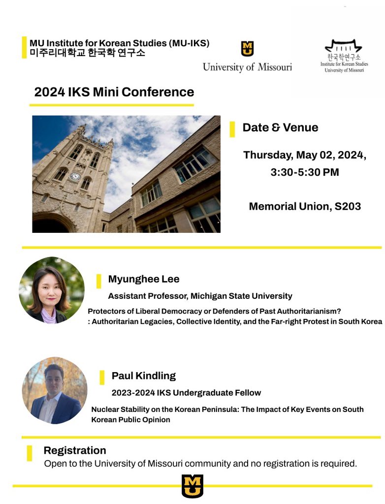 2024 IKS Mini Conference is coming up! Prof. Lee (Michigan State Univ) <a href="/ImMyungheeLee/">Myunghee Lee @immyungheelee.bsky.social</a> and Paul (Undergraduate fellow) will present their projects! Feel free to come on May 2nd🤗