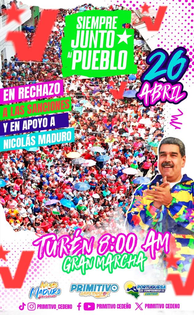 INVITACIÓN 🚩 Este Viernes 26 de Abril #Portuguesa marcha en rechazó a las sanciones criminales y en apoyo a Nicolás Maduro nos vemos en el Municipio #Turén a las 08:00 AM. ¡Unidos somos más! #GestiónPortuguesa2023 #UniónDeLosPueblos #MaduroAmorALaPatria