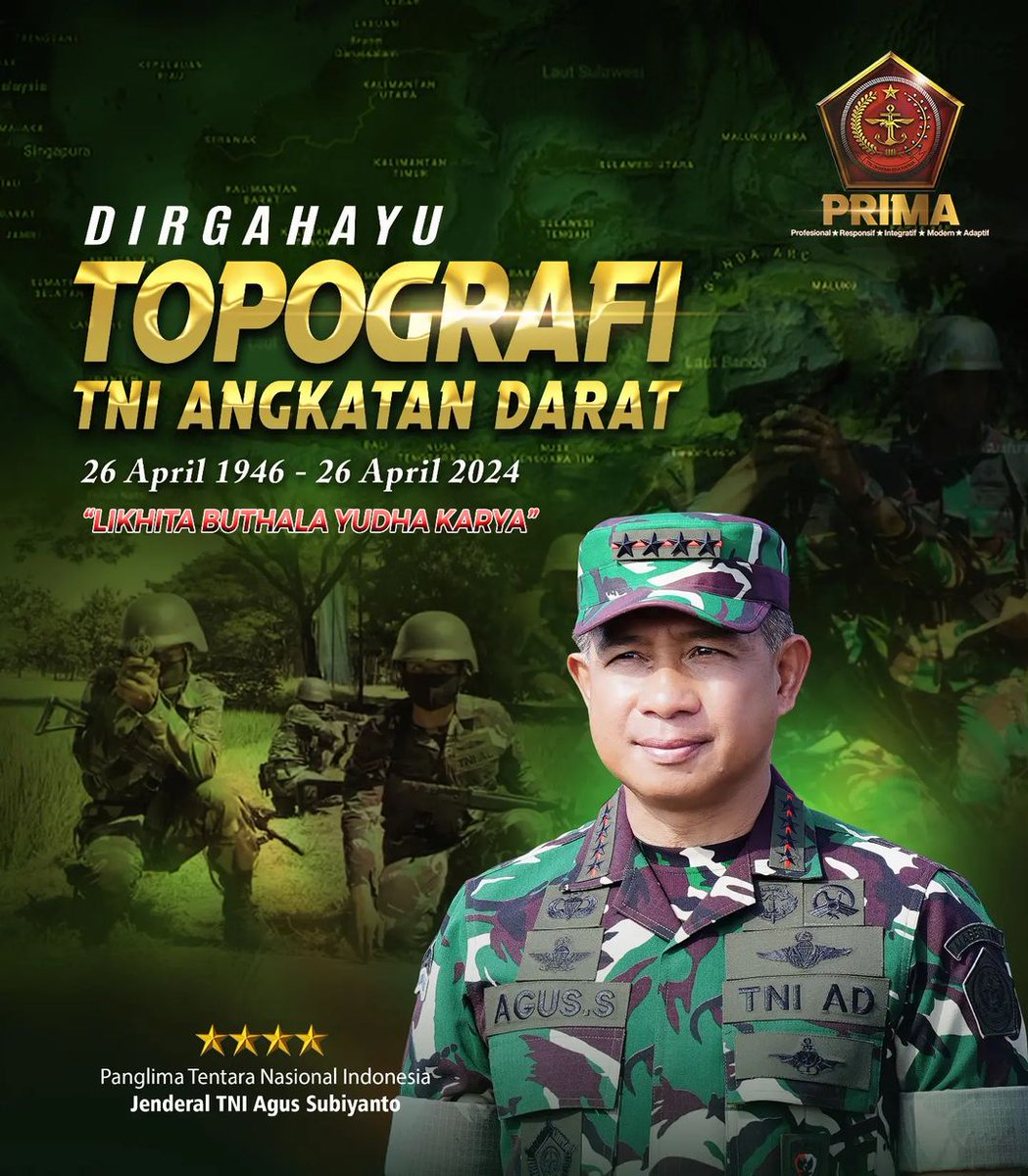 Panglima TNI, Jenderal TNI Agus Subiyanto, mengucapkan: Dirgahayu Topografi TNI Angkatan Darat 26 April 2024 #tni #panglimatni #dirgahayu #topografi #tniad #tniprima #profesional #responsif #integratif #modern #adaptif #bersamarakyattnikuat #puspentni