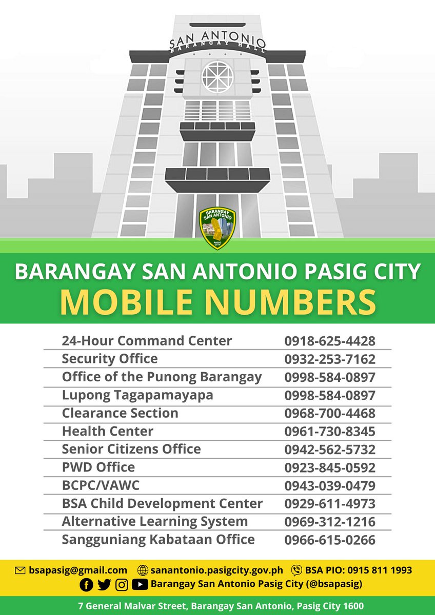 Please be guided accordingly on the MOBILE NUMBERS of various @bsapasig departments. 📱 Kindly share the following contact information so we can efficiently address your concerns, mga kabarangay! ✅ #TuloyAngSerbisyoBSA #StayConnectedBSA