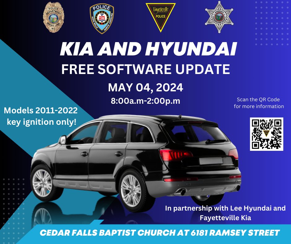 There will be a Kia and Hyundai FREE Anti-Theft Software Update Event scheduled for Saturday, May 4 at Cedar Falls Baptist Church, 6181 Ramsey St, from 8 a.m. to 2 p.m. This software update is for models 2011-2022 to enhance security.