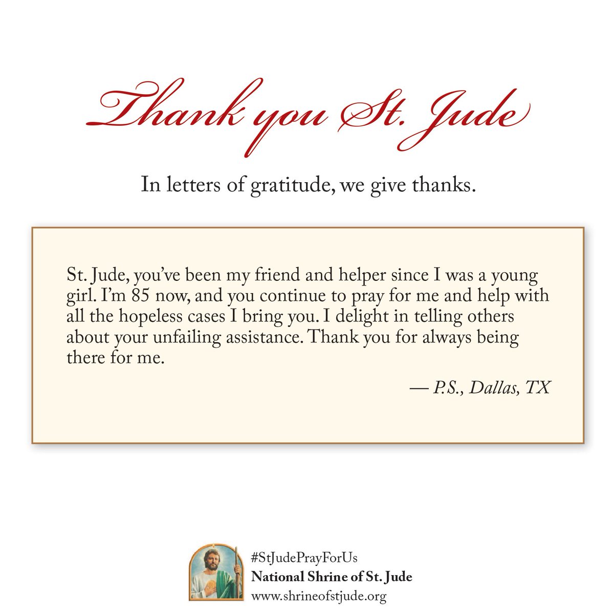 In letters of gratitude, we give thanks.

-

#ThankYouStJude #StJudePrayForUs #thankfulthursday #intercession #prayer #faith #hope #stjude #saintjude #catholic #intention #petition